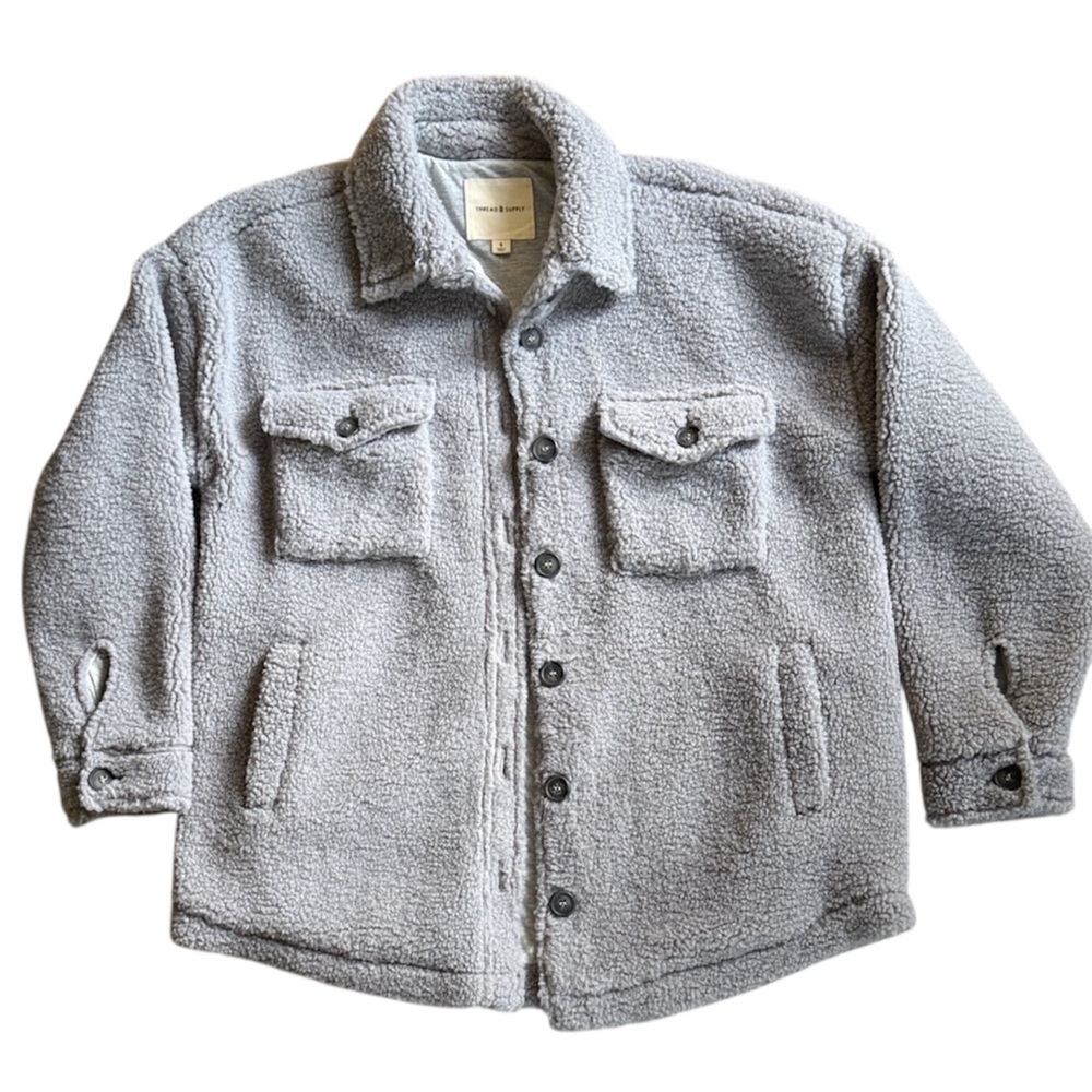 Thread & Supply Women’s Gray Shearling Teddy Jacket Sherpa Collar Buttons Size S